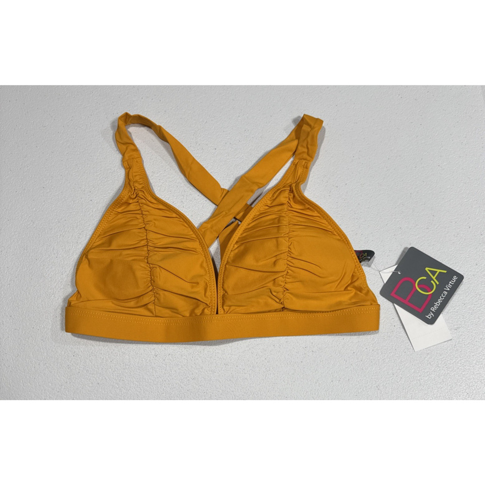 BCA by Rebecca Virtue Strappy Shirred Halter Bikini Top Womens L Gold Yellow
